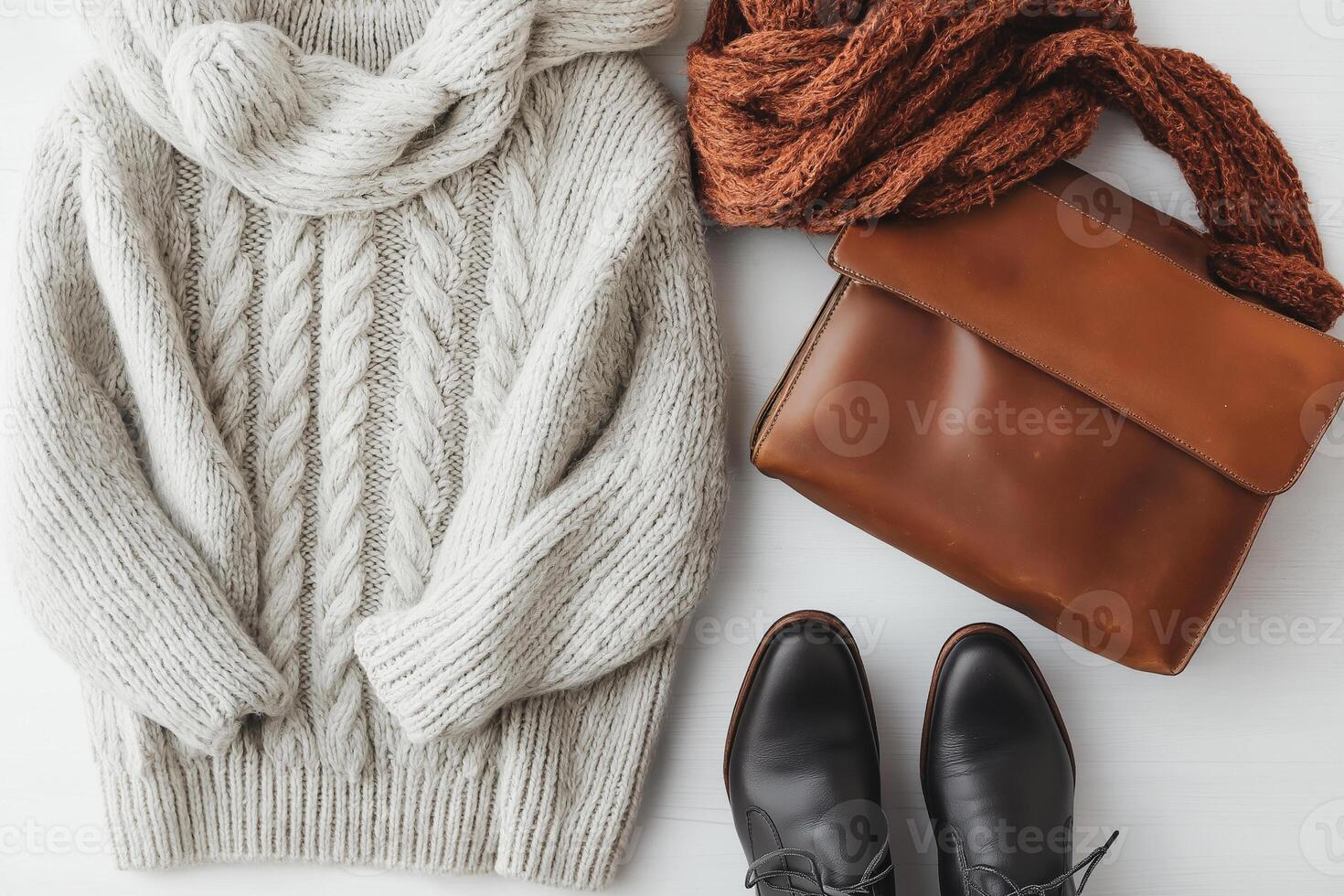 A sweater, boots, scarf and purse on a white surface photo