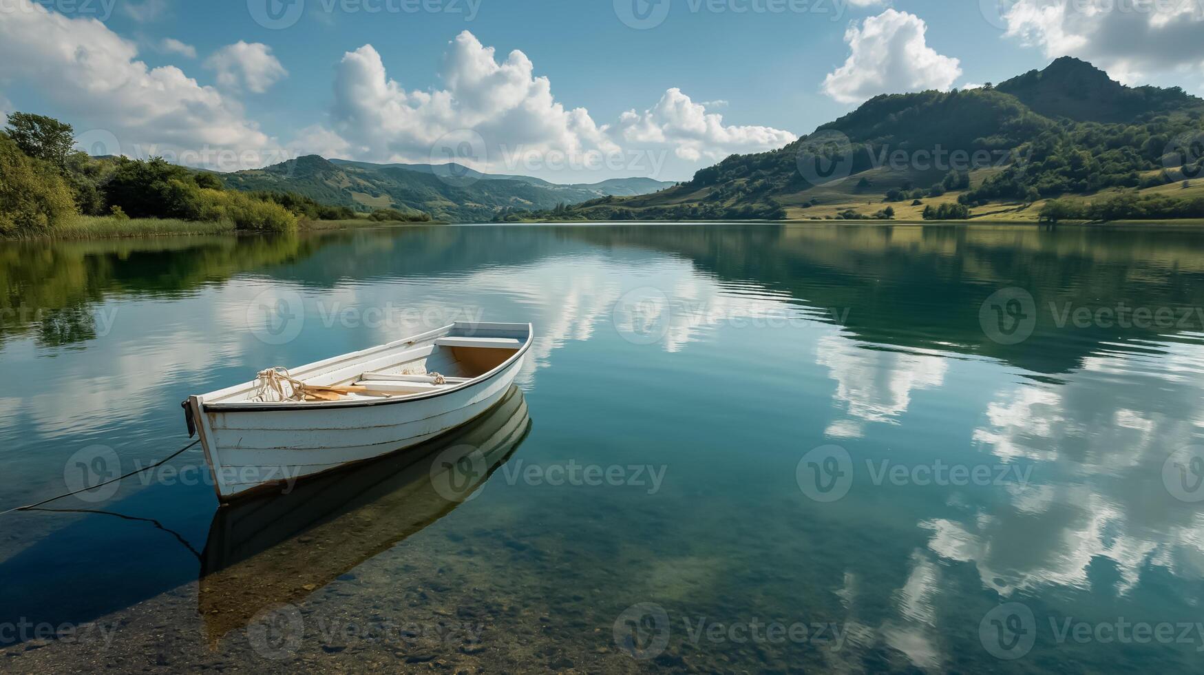 A boat floating on the calm waters of a lake photo