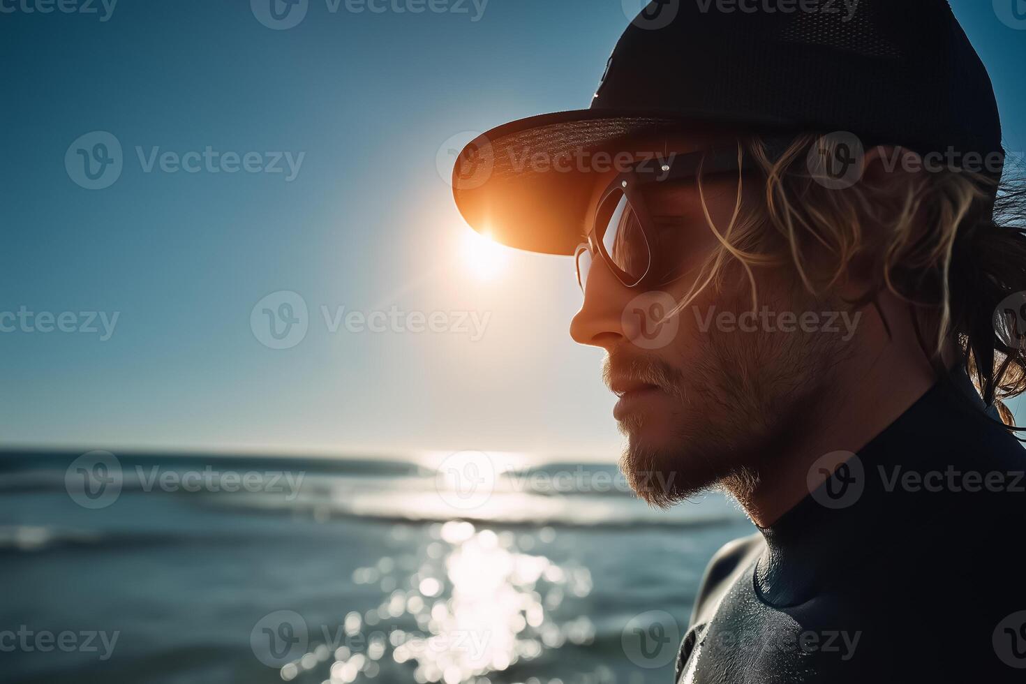 A man in a hat and sunglasses looking at the ocean photo