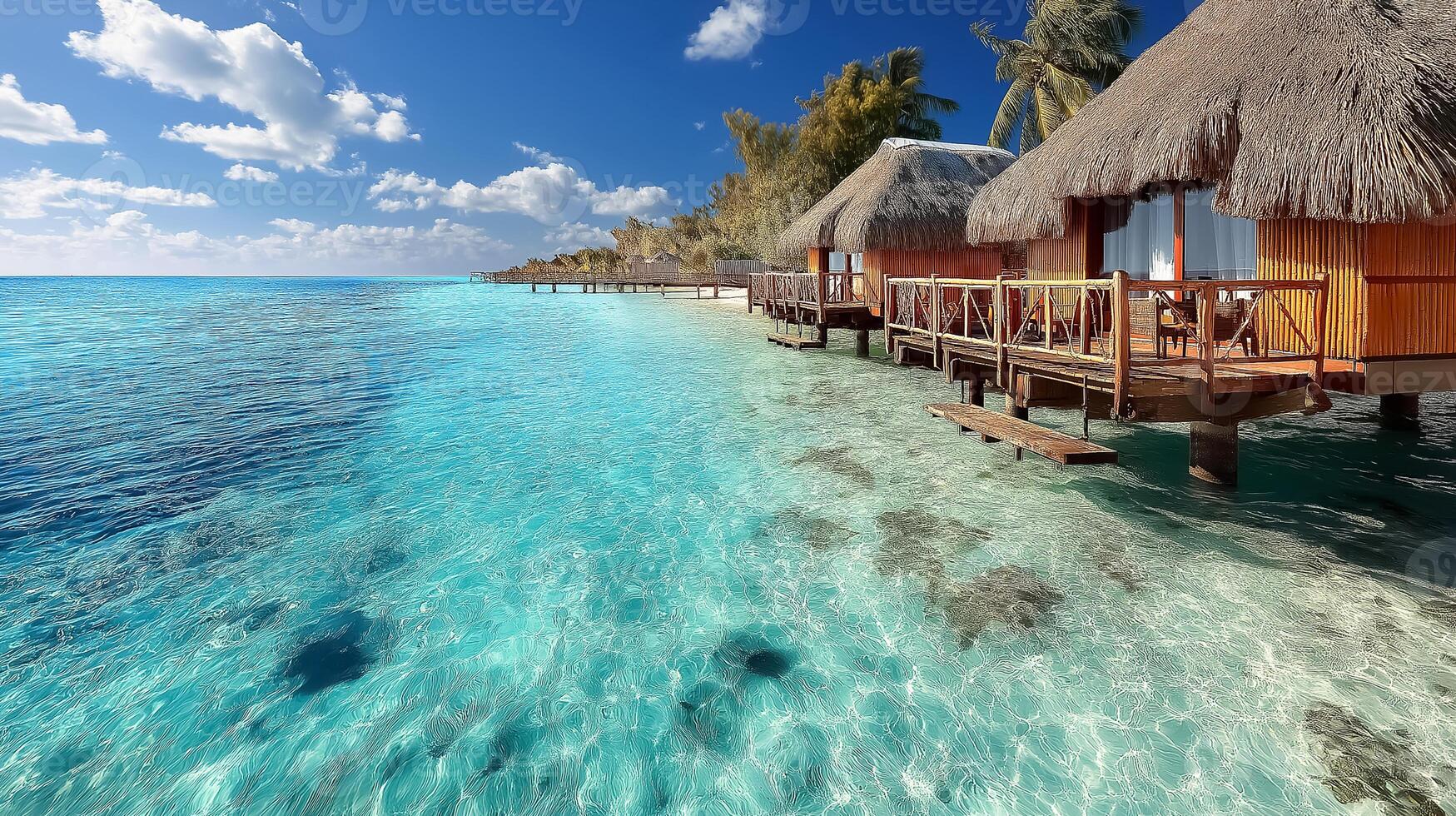 Water villa with thatched roof over the ocean photo
