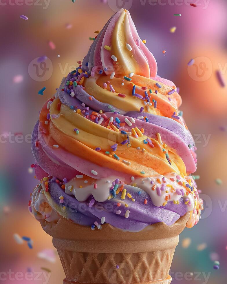 An ice cream cone with colorful sprinkles photo