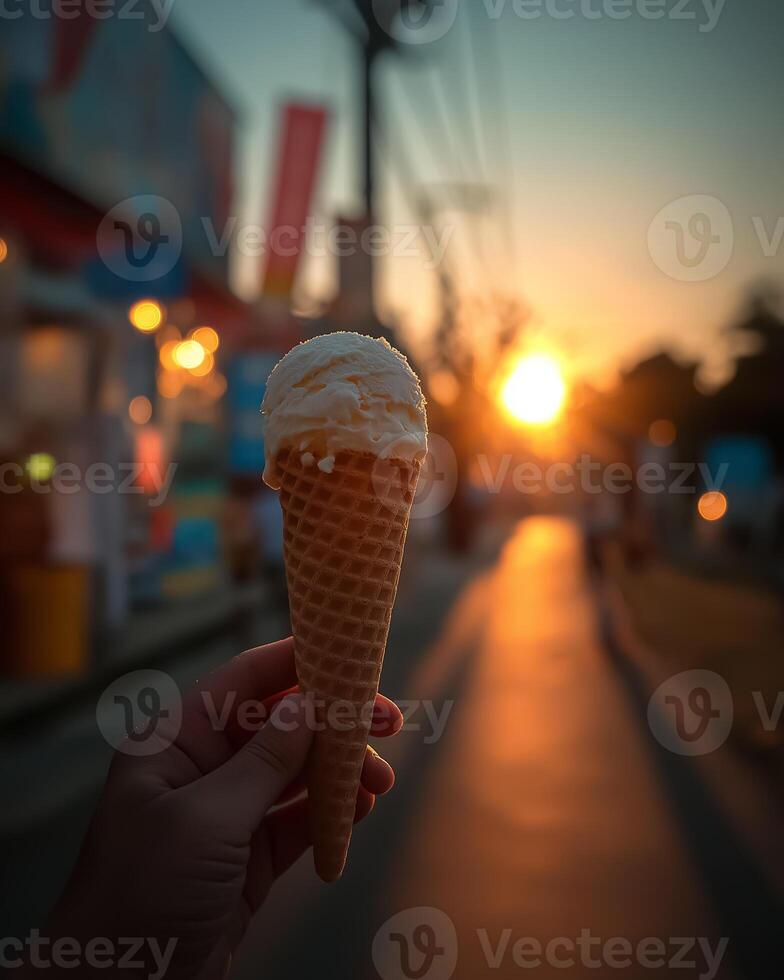 A person holding an ice cream cone in front of a sunset photo