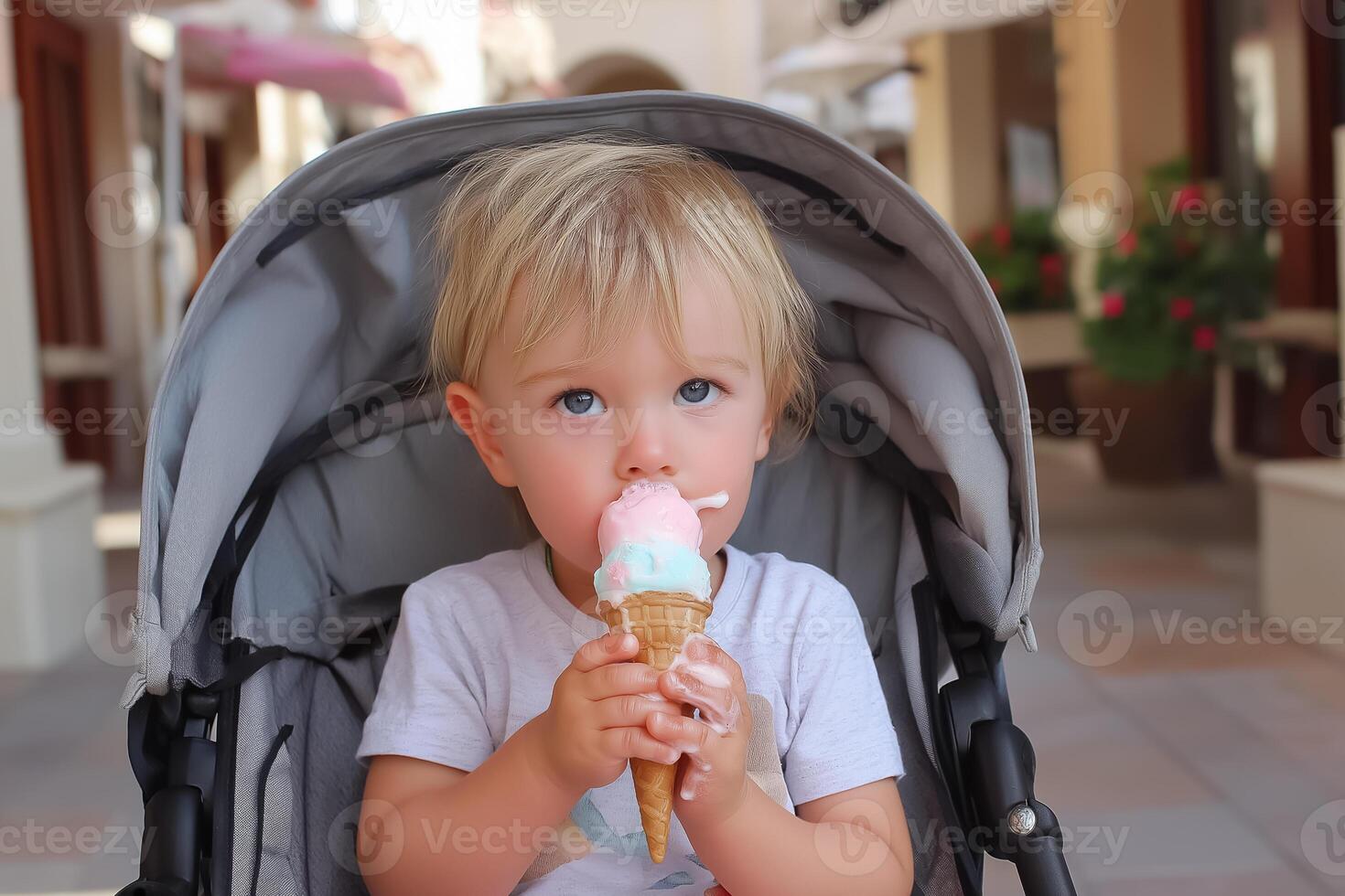 A young child eating an ice cream cone in a stroller photo
