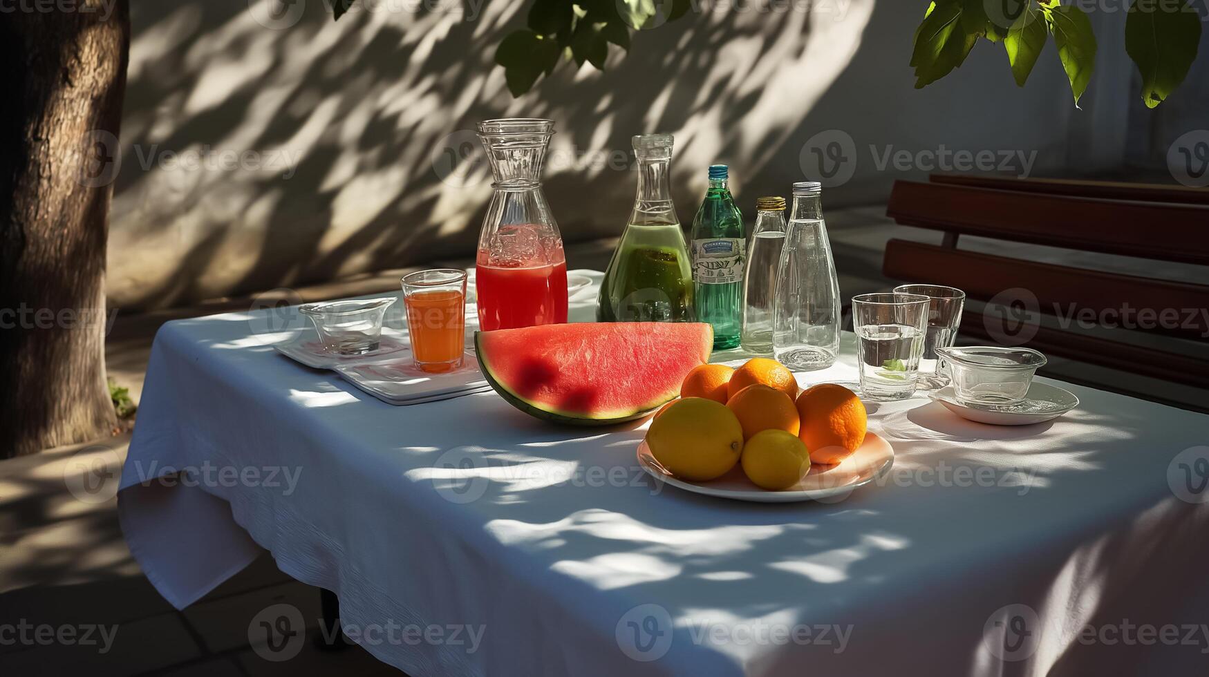A table with fruit and drinks photo