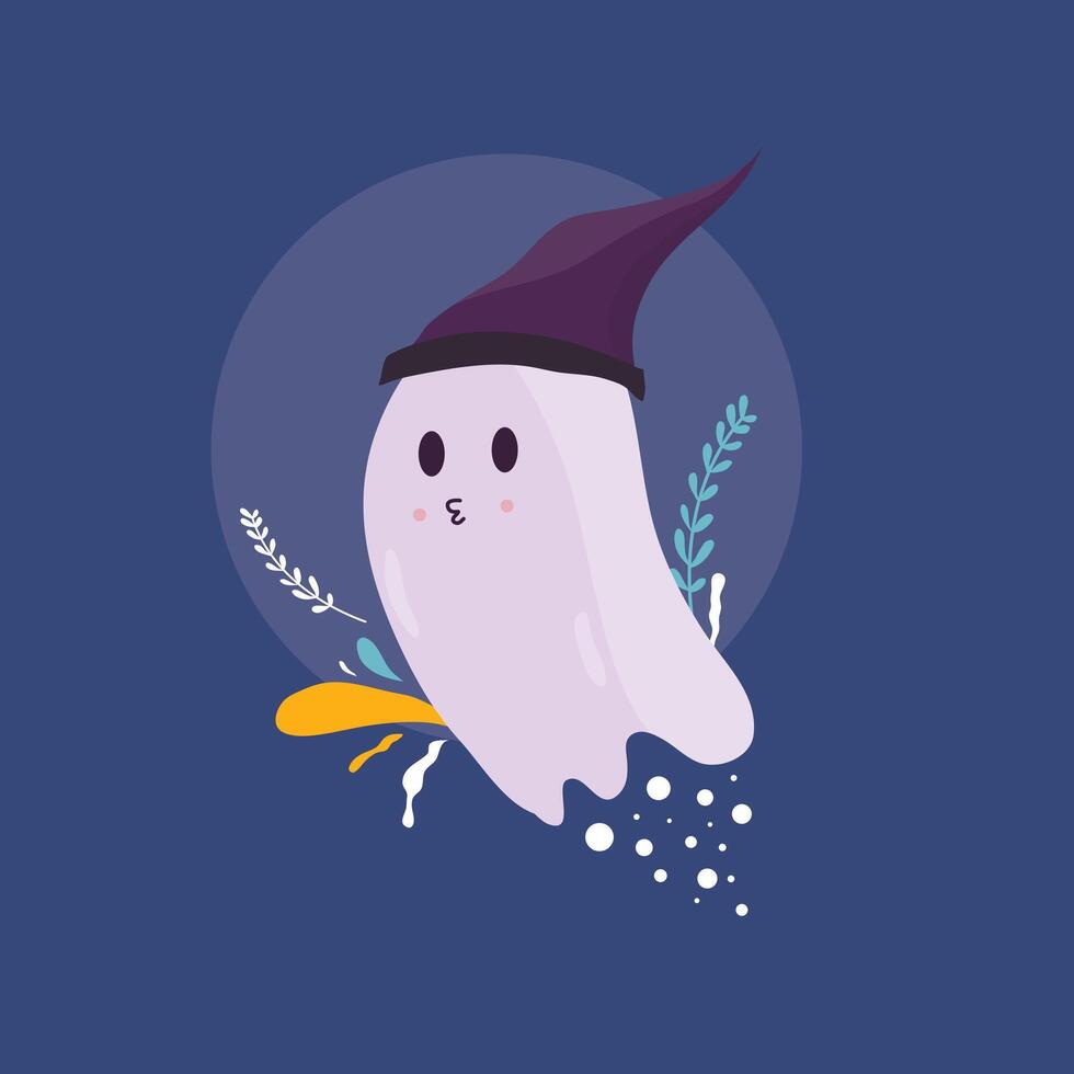 Ghost with Witch Hat Flying on Blue Background vector