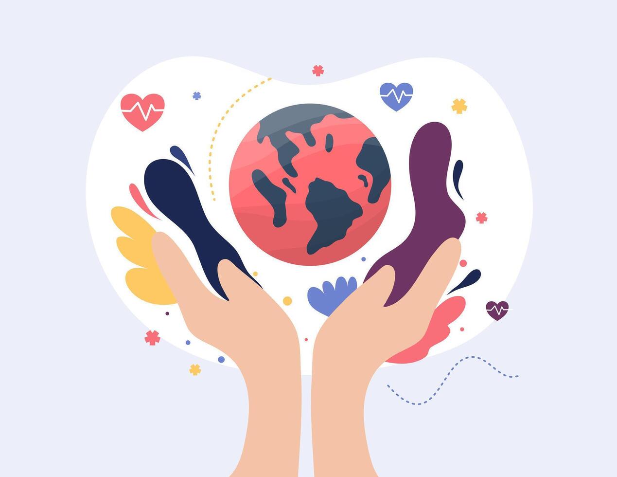 Hands Holding Earth with Peace Symbols Around vector