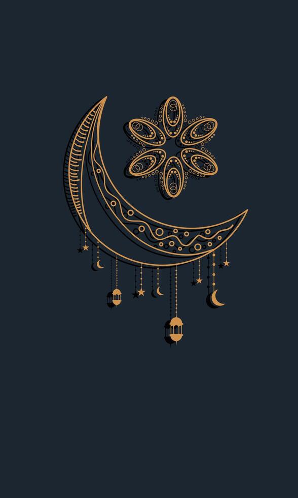 Crescent Moon with Hanging Lanterns and Floral Motif vector