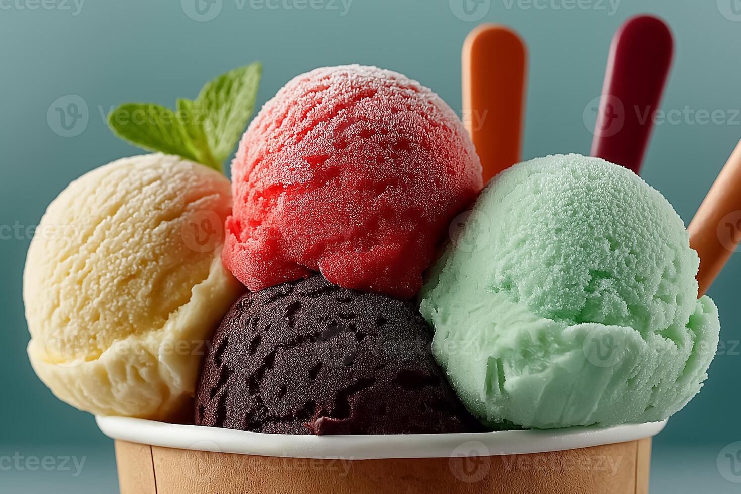 A cup of ice cream with four different flavors photo