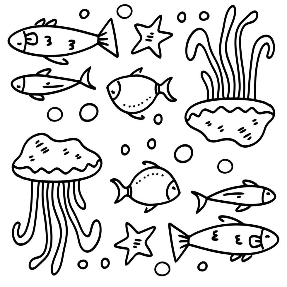 Underwater Fish Doodle Line Art Set vector
