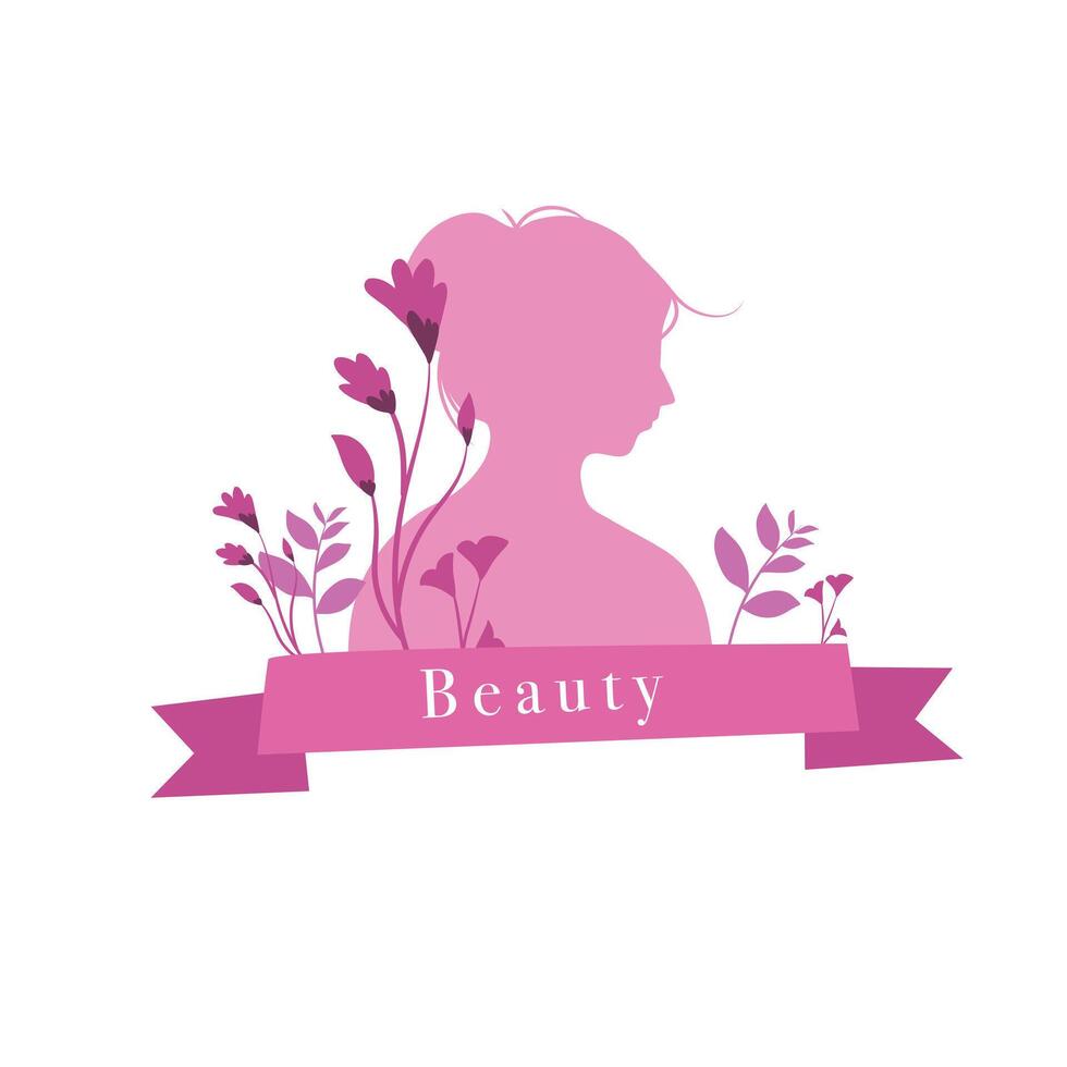 Elegant Beauty Silhouette with Flowers and Ribbon Text vector