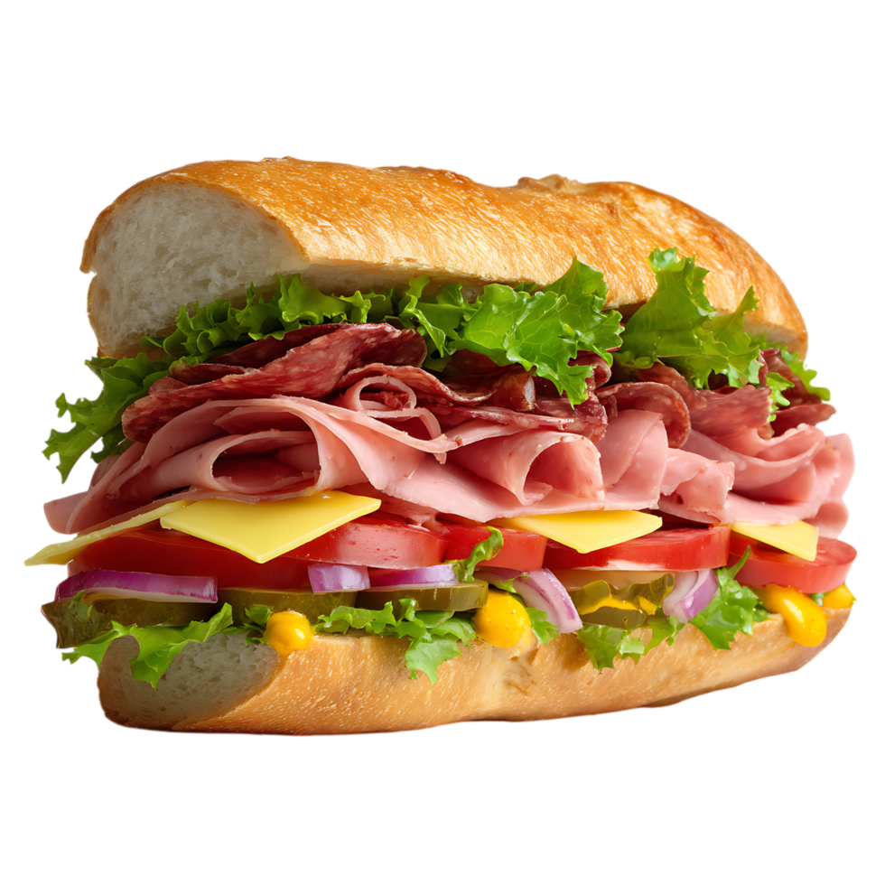 Close up of a fully loaded sandwich with various ingredients png