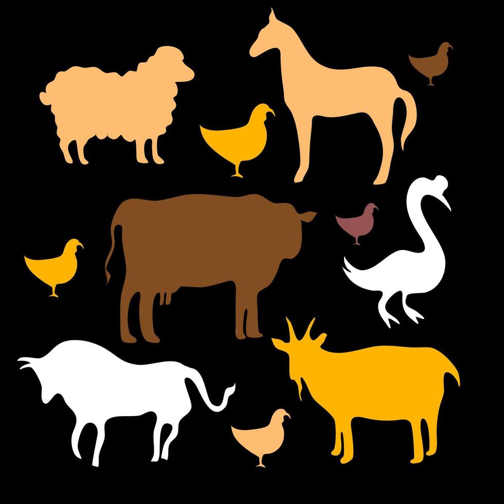 Colorful Farm Animals Silhouettes on Black Background vector