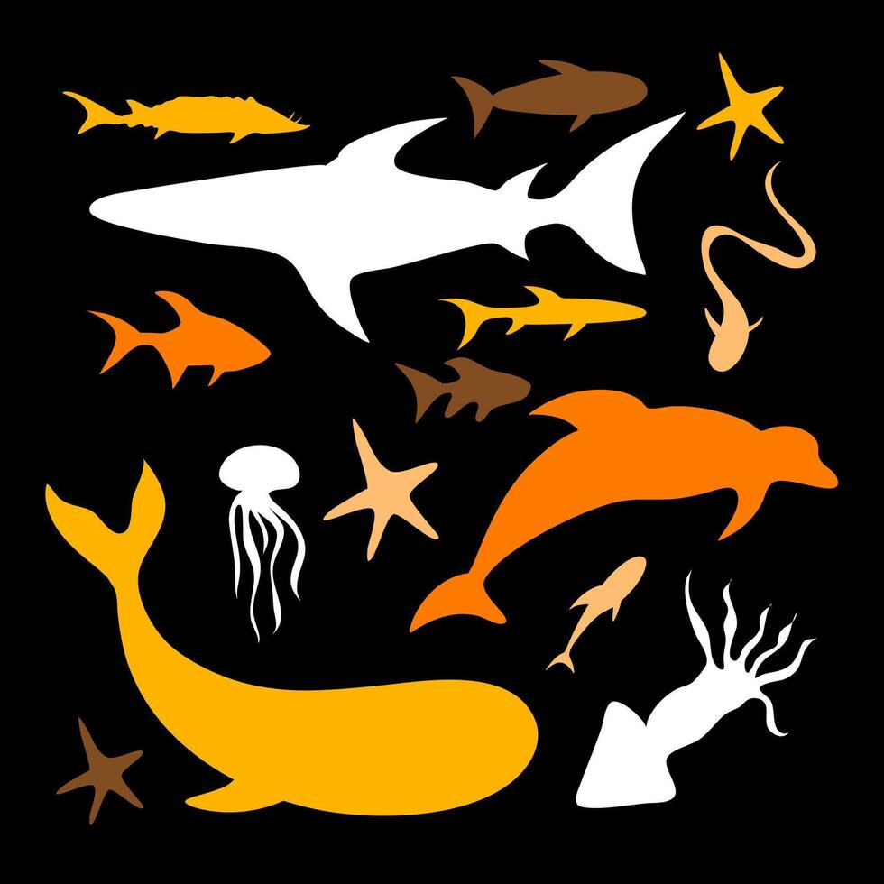 Marine Animal Silhouettes with Whale and Shark Shapes vector