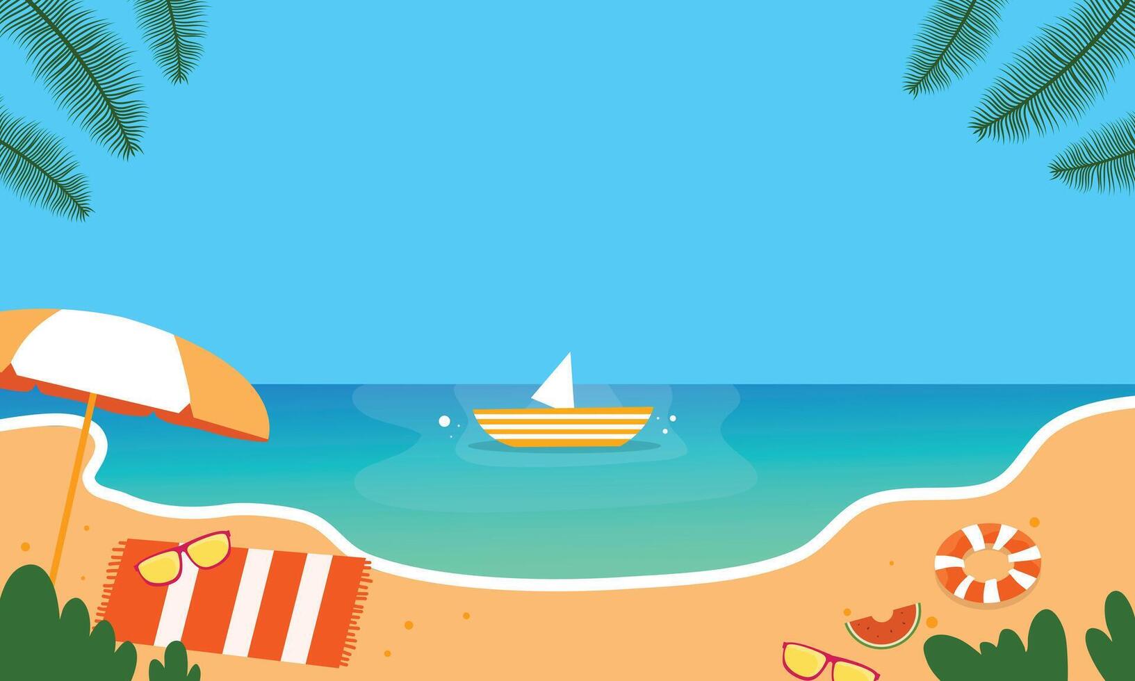 Beach scene with beach chairs, umbrella and sailboat vector
