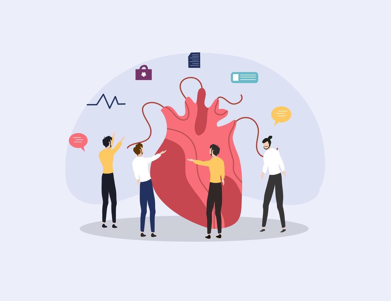 People Standing with Giant Heart and Health Symbols vector