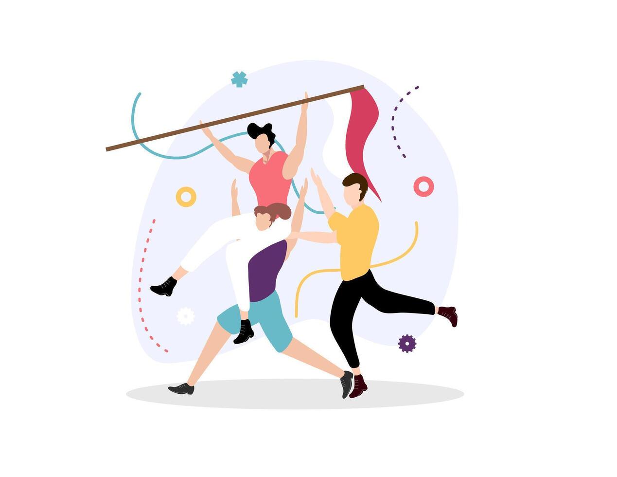 Cheerful dancers performing under party ribbons vector