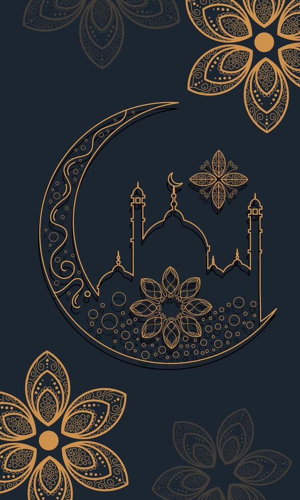 Crescent and Mosque in Ornate Frame with Flowers vector