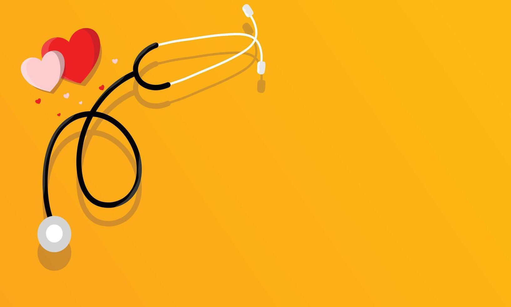 Medical stethoscope on yellow background with heart icons vector