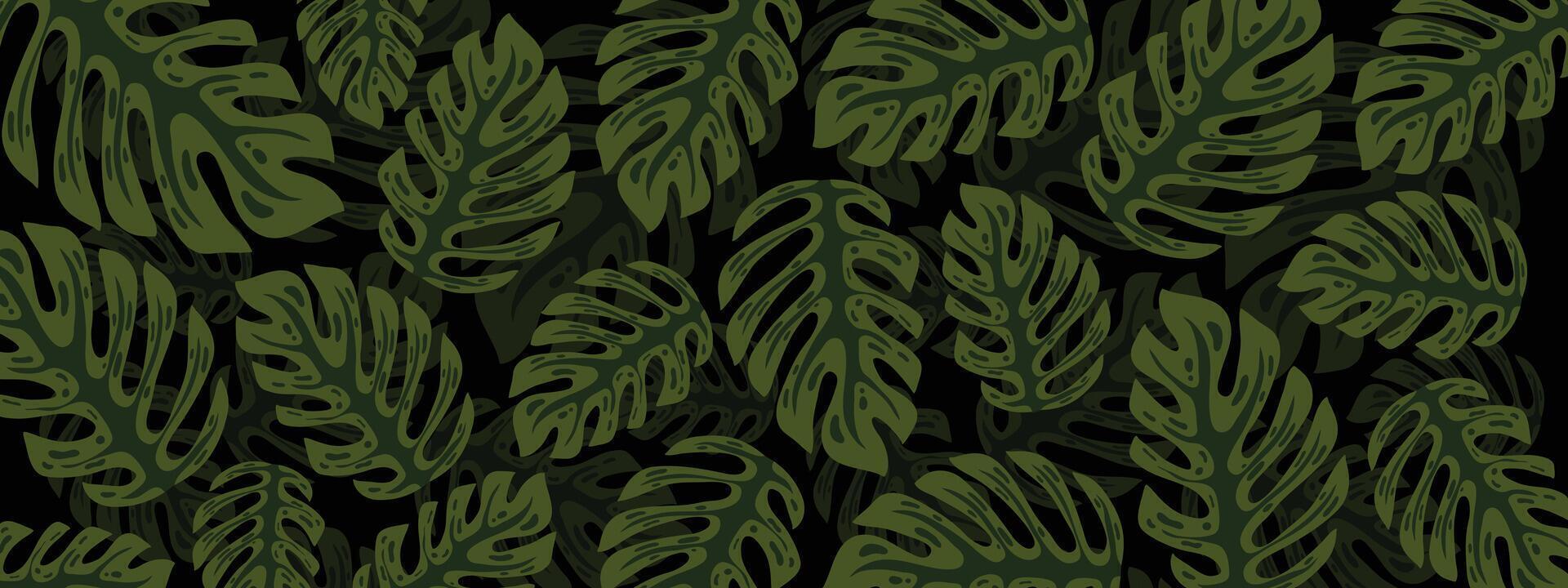 Pattern of Green Tropical Leaves on Dark Background vector