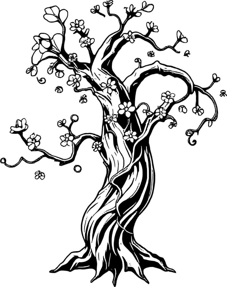 A black and white drawing of a tree with flowers vector