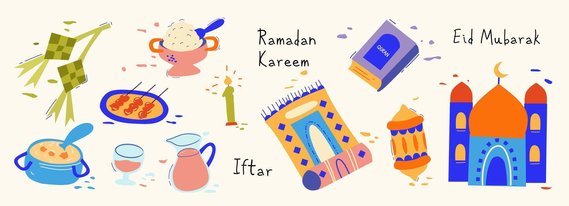 Ramadan Kareem. Happy Eid Mubarak. Flat illustration set of food, ketupat, rice, beverage, mosque, lantern, islamic ornament, Quran, icon, sign for greeting card, iftar invitation, poster and banner vector