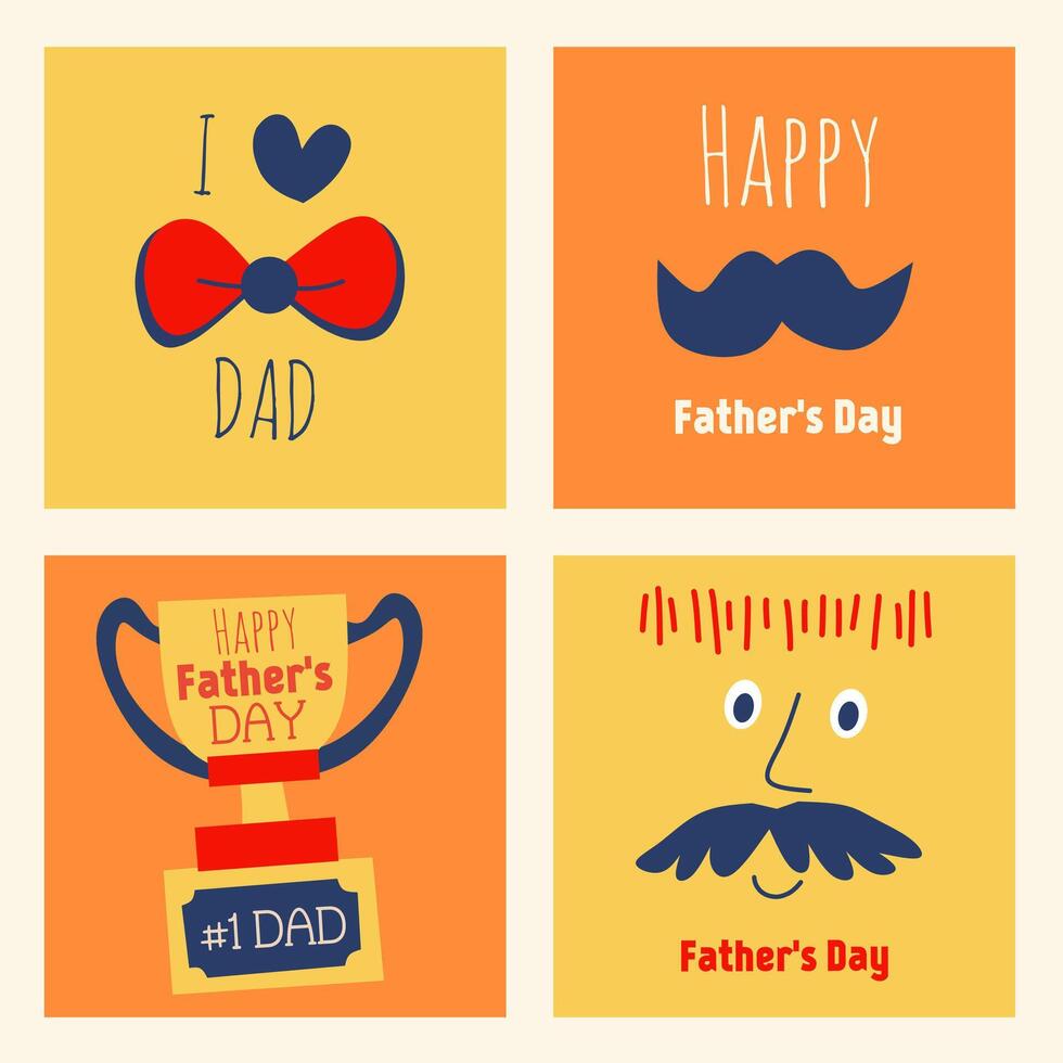 Happy father's day postcards set. Doodle flat illustration of a cute father's character, trophy, moustache, clip art. Portrait template in retro background. Fun design for greeting and banner. vector