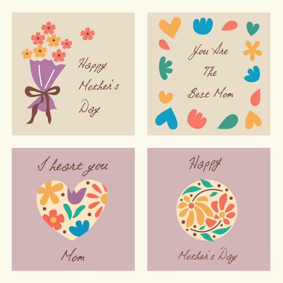 Set of Happy Mother's day greeting card with shaped blossom flowers, abstract floral on soft background. Creative spring card template with typography text. Happy Women's Day illustration banner. vector