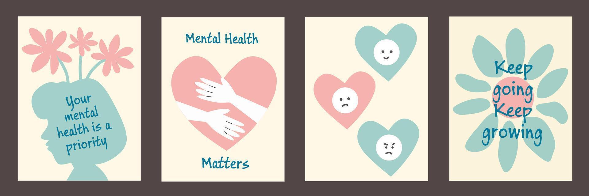 World Mental Health Day Background set. Mental Health care concept, heart shaped on soft white color. Poster, Banner, Flyer, Template, Social Media Post. Mental wellness. October. Illustration. vector