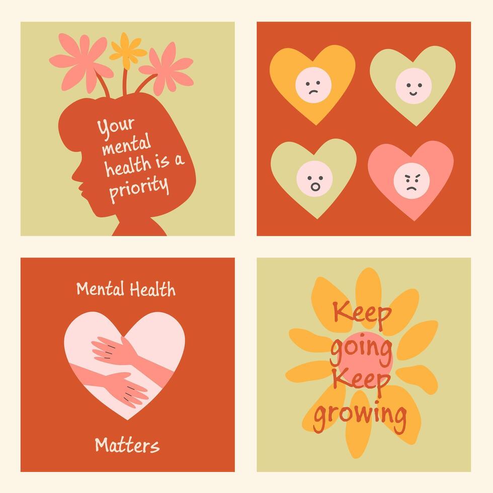 World Mental Health Day Background set. Mental Health care concept, heart shaped on red, pink color. Poster, Banner, Flyer, Template, Social Media Post. Mental wellness. October. Illustration. vector