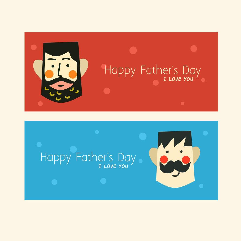 Set of Father's day horizontal cards. Creative template with man character design, doodle clip art illustration cartoon. Greetings in red and blue for banner, poster, social media marketing vector