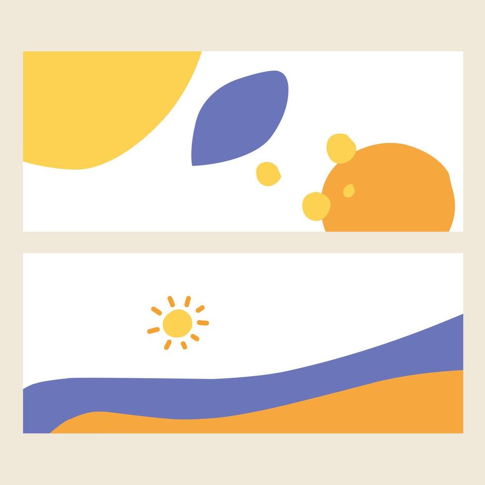 Abstract summer background cards set. Tropical shapes art concept on yellow and blue color. Horizontal minimalist style design templates for celebration, ads, branding, banner, cover, poster, sales. vector