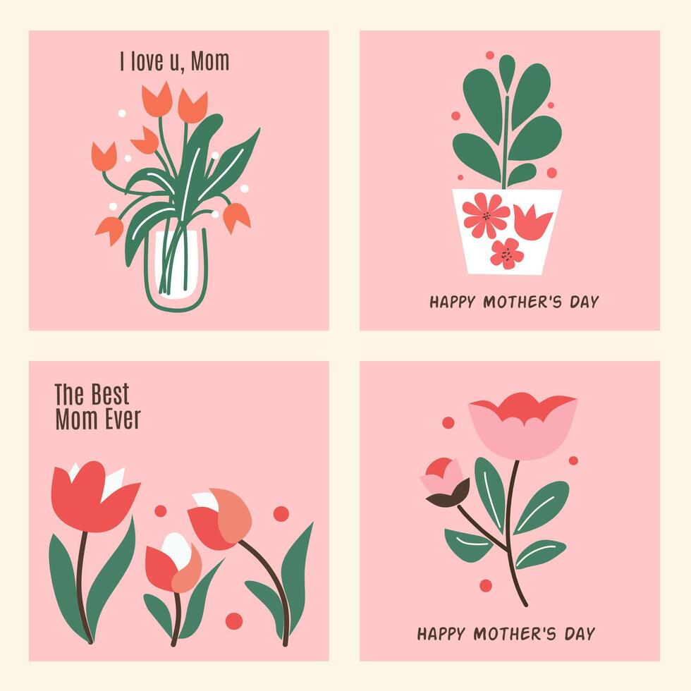 Set of Happy Mother's day greeting card with beautiful blossom flowers, abstract floral on pink background. Creative spring card template with typography text. Happy Women's Day illustration banner. vector