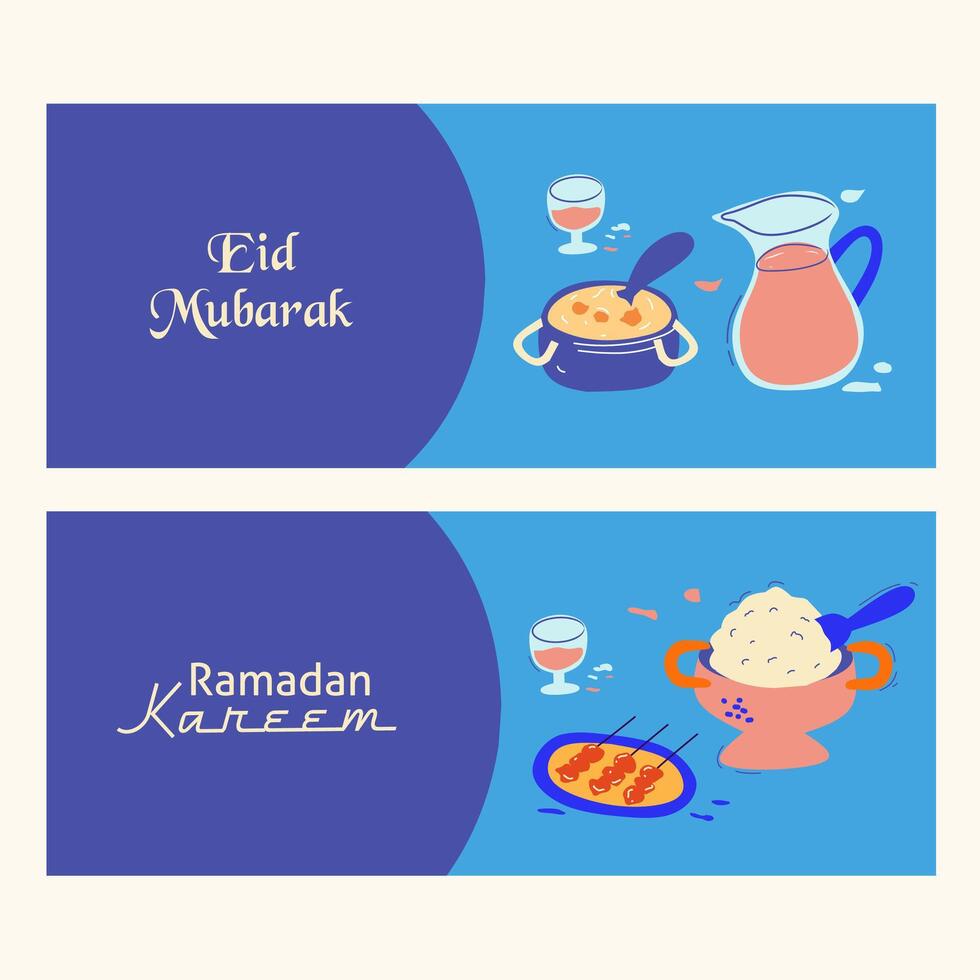 Ramadan Kareem, Eid Mubarak, Eid al Adha, Eid al Fitr set illustration template with typography, foods menu, drink on blue horizontal background for banner, cover, greeting card, poster, social media vector
