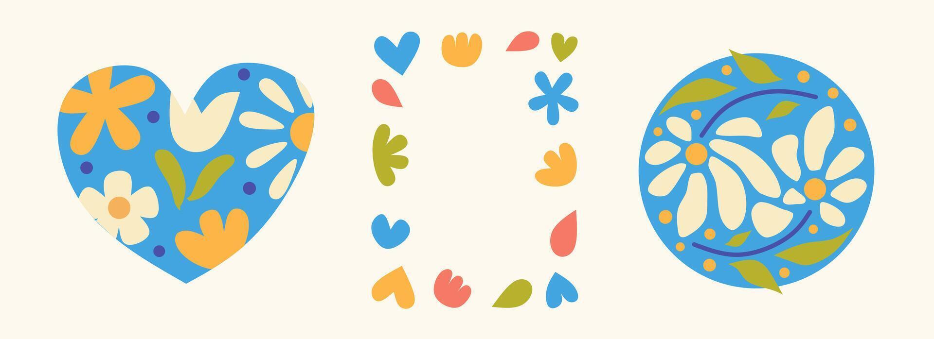 Set of abstract shaped frame with blossom flowers, floral art, leaves on white background. Creative spring season elements template for Easter, Mother's Day, Women's Day illustration. vector