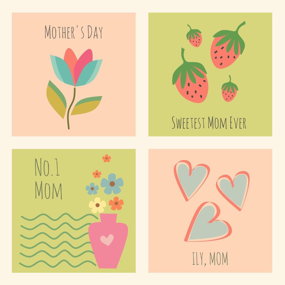 Set of Happy Mother's day greeting card with beautiful blossom flowers, strawberry, abstract floral on soft background. Spring card template with typography text. Happy Women's Day illustration banner vector