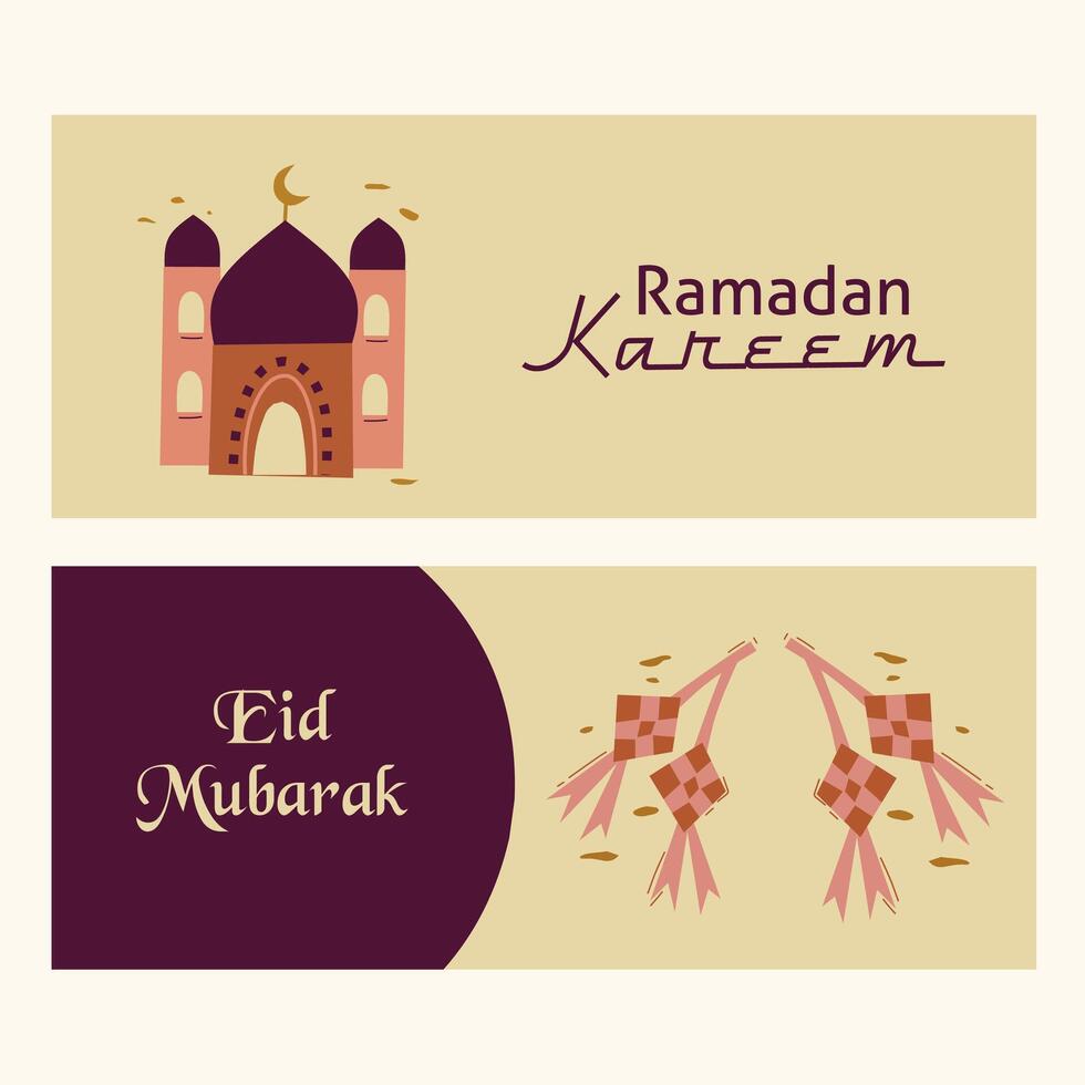 Ramadan Kareem, Eid Mubarak, Eid al Adha, Eid al Fitr set illustration template with mosque, typography, ketupat on vintage horizontal background for banner, cover, greeting card, poster, social media vector