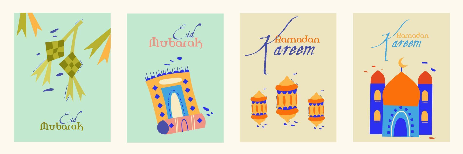 Ramadan Kareem, Eid Mubarak, Eid al Adha, Eid al Fitr set illustration with mosque, lanterns, typography, ketupat, praying pat on soft background for banner, cover, greeting card, poster, social media vector