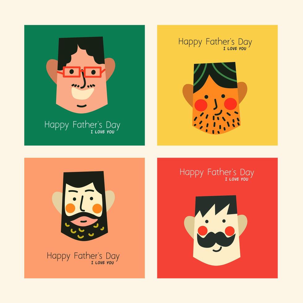 Set Father's day cards. Creative template with man character design, doodle clip art illustration cartoon. Greetings in colorful background for banner, poster, social media post, marketing. vector