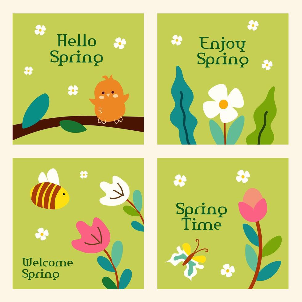 Set of Spring cards. Hand-drawn flyers for decoration spring events, Mother's Day, Easter. Beautiful floral posters with bird, bee, butterfly and flowers on green color for cover and banner. vector