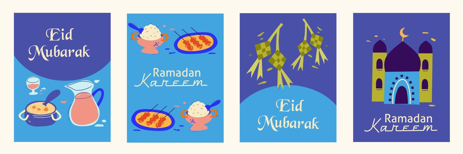 Ramadan Kareem, Eid Mubarak, Eid al Adha, Eid al Fitr set illustration with mosque, lanterns, typography, ketupat, food, drink on soft background for banner, cover, greeting card, poster, social media vector