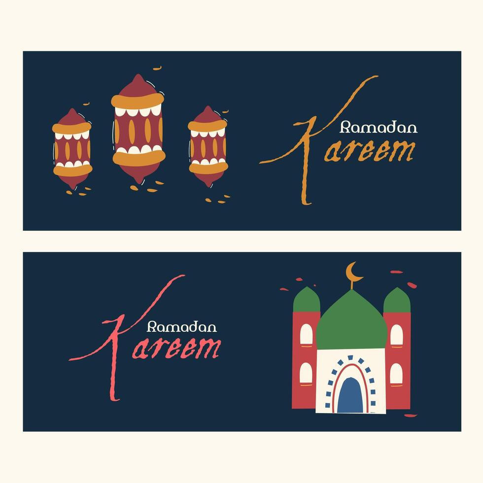 Ramadan Kareem, Eid Mubarak, Eid al Adha, Eid al Fitr set illustration template with mosque, lanterns, typography on dark horizontal background for banner, cover, greeting card, poster, social media vector