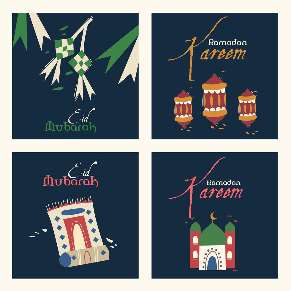 Ramadan Kareem, Eid Mubarak, Eid al Adha, Eid al Fitr set illustration with mosque, lanterns, typography, ketupat praying mat on dark background for banner, cover, greeting card, poster, social media vector