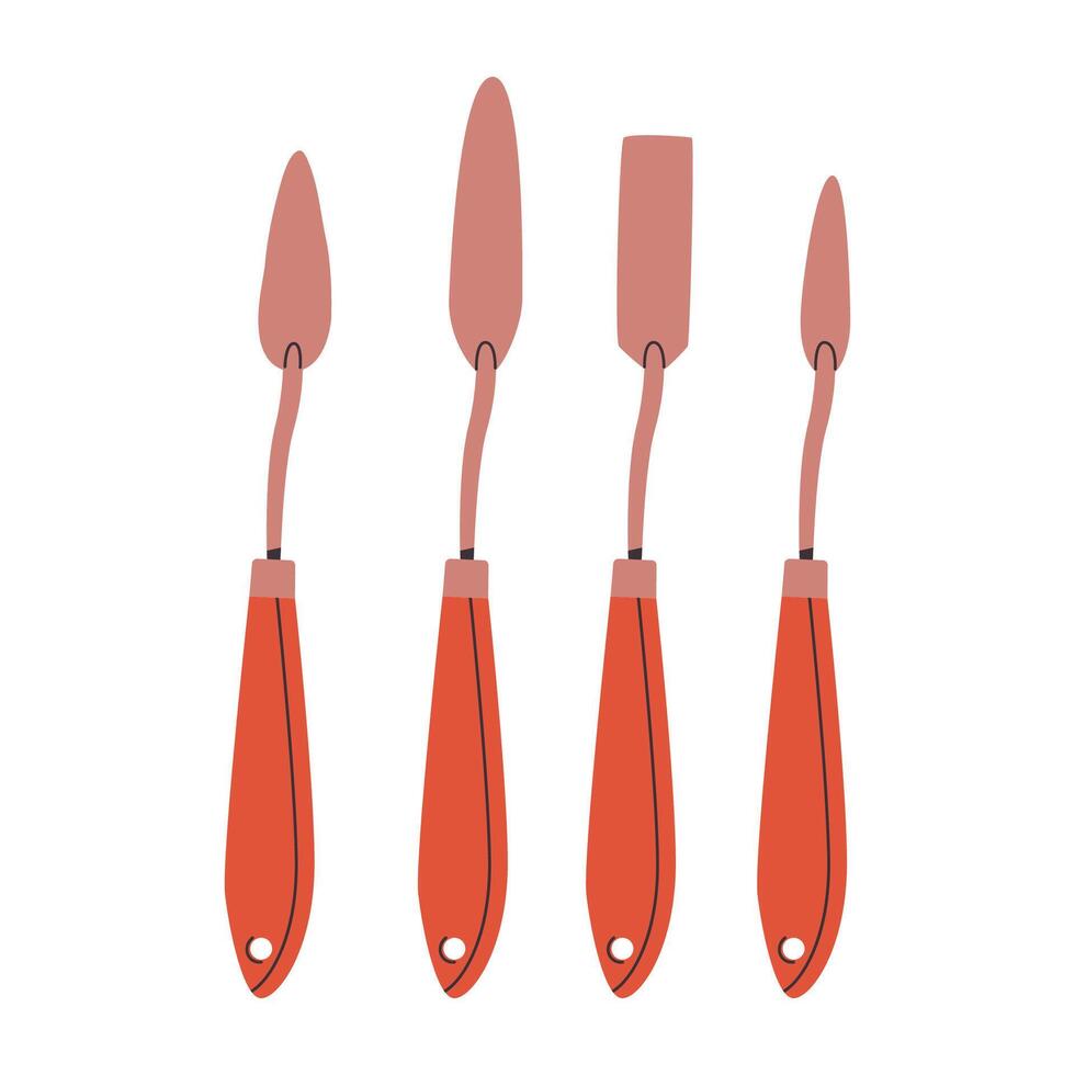 Palette knife set for drawing, painting and sculptures. Painting equipment for applying paint to canvas. Flat illustration isolated on white background. vector