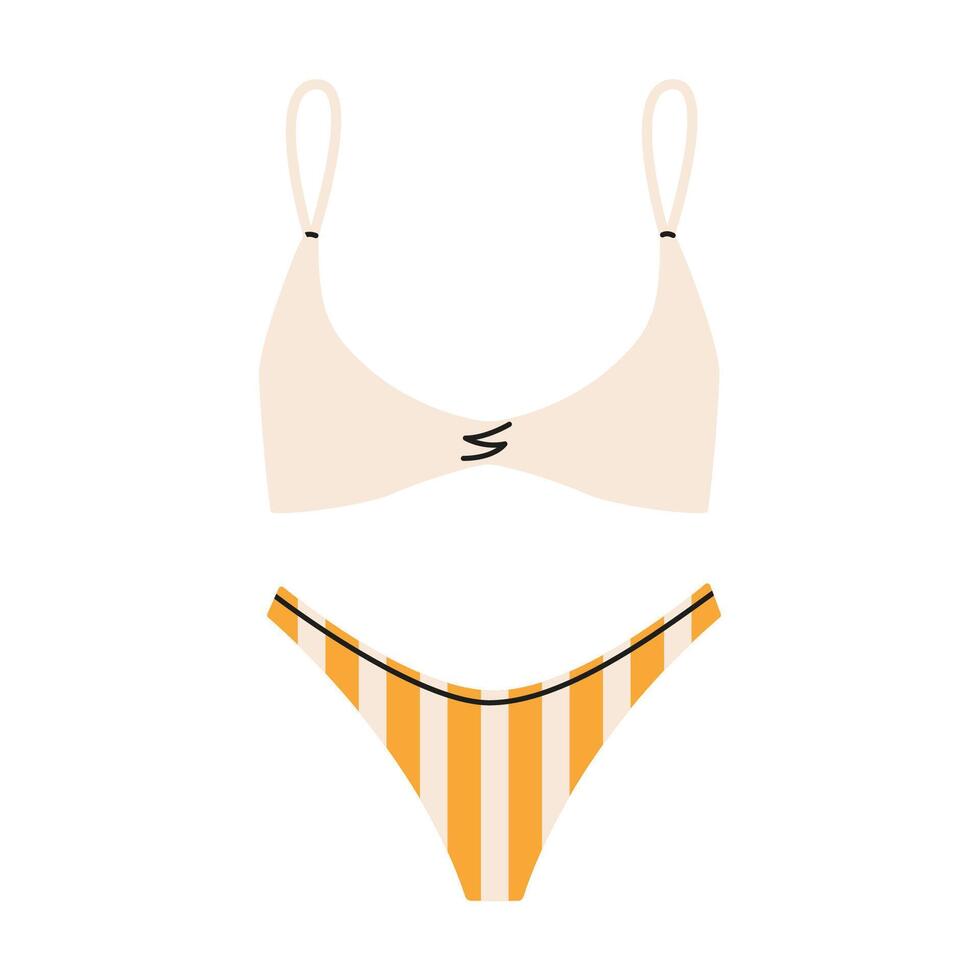 Modern woman separate striped swimsuit. Summer womens clothing for swimming. Flat illustration isolated on white background. vector
