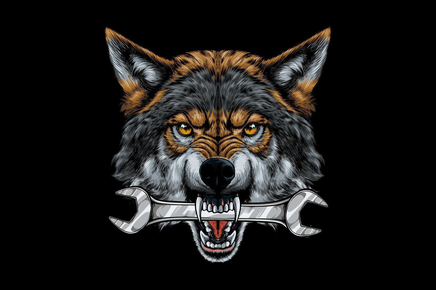 illustration of a wolf biting a wrench vector