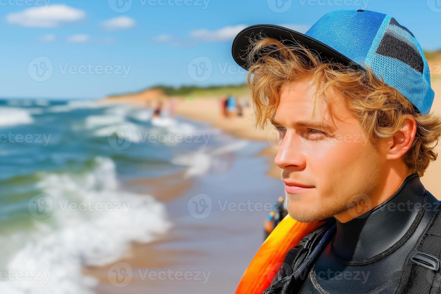 A man in a wetsuit and hat on the beach photo
