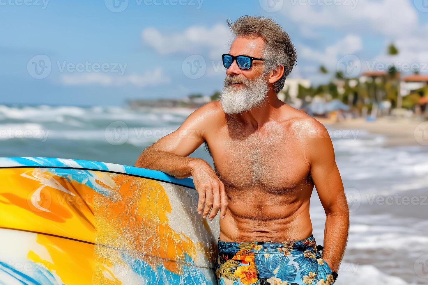 A man with a beard and sunglasses standing on the beach with a surfboard photo