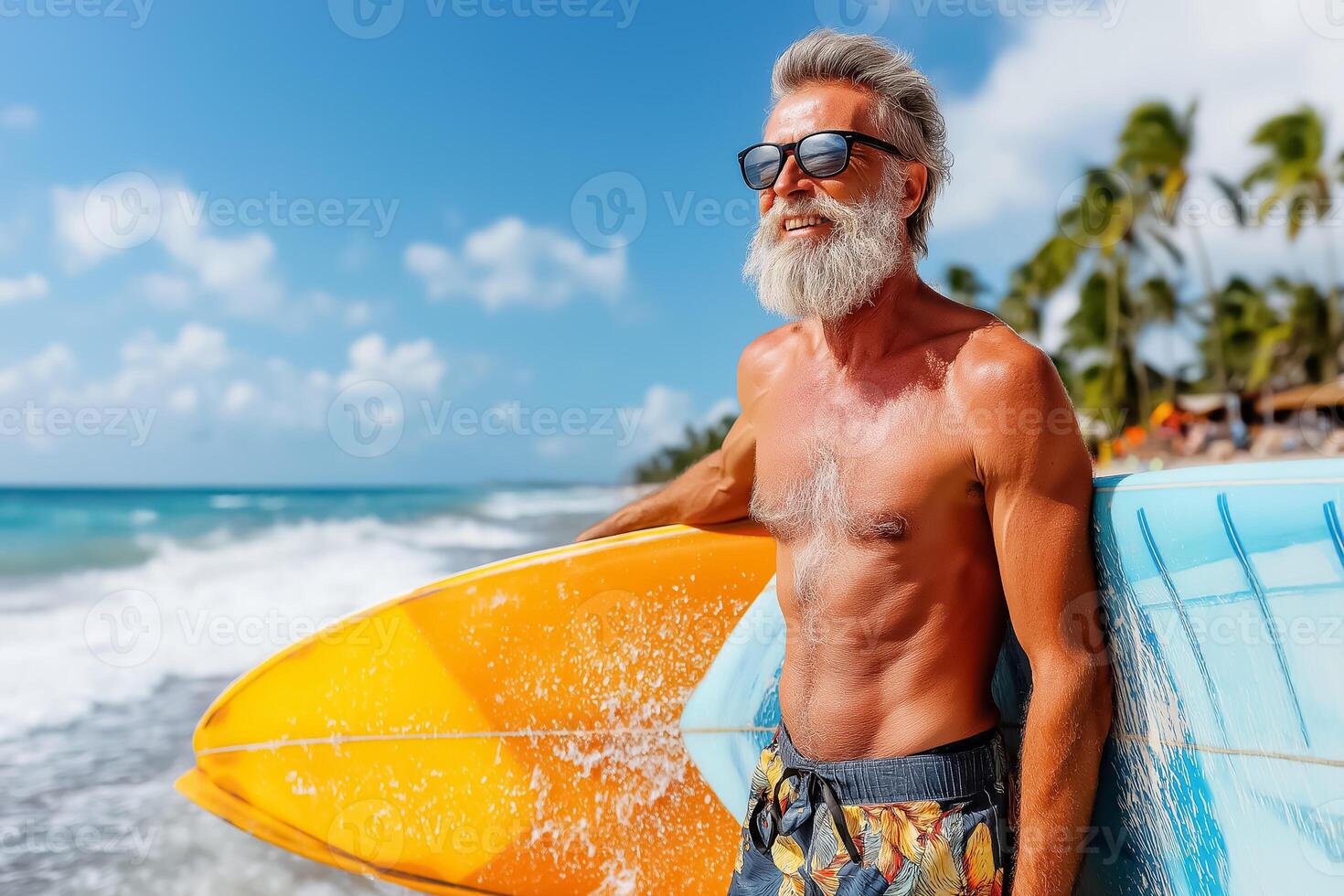 An older man with a beard and sunglasses holding a surfboard photo