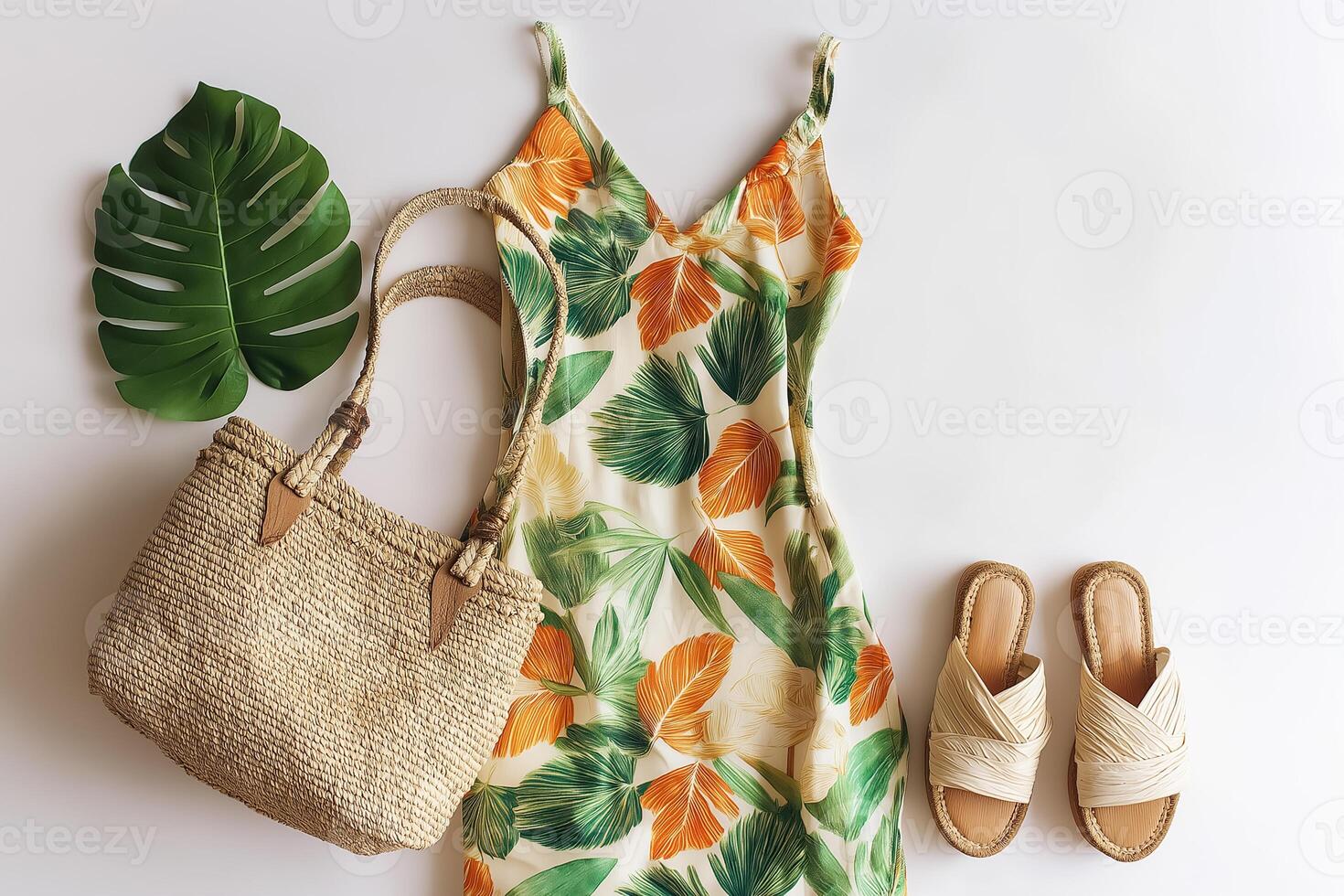 A tropical dress, sandals and a straw bag photo