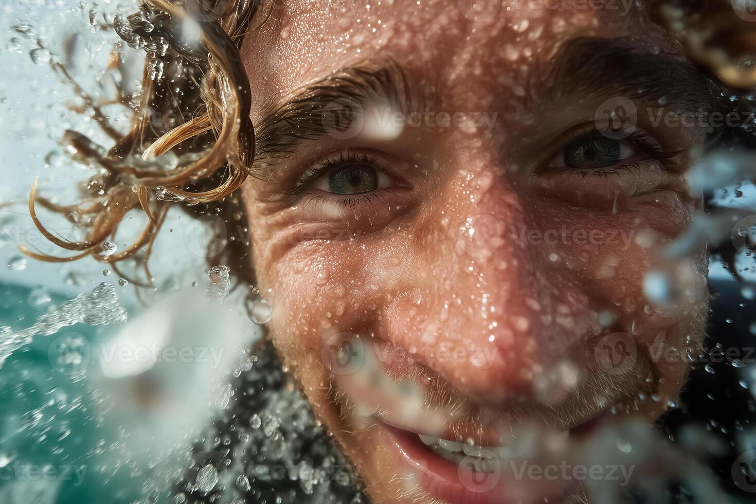 A man is smiling while underwater photo